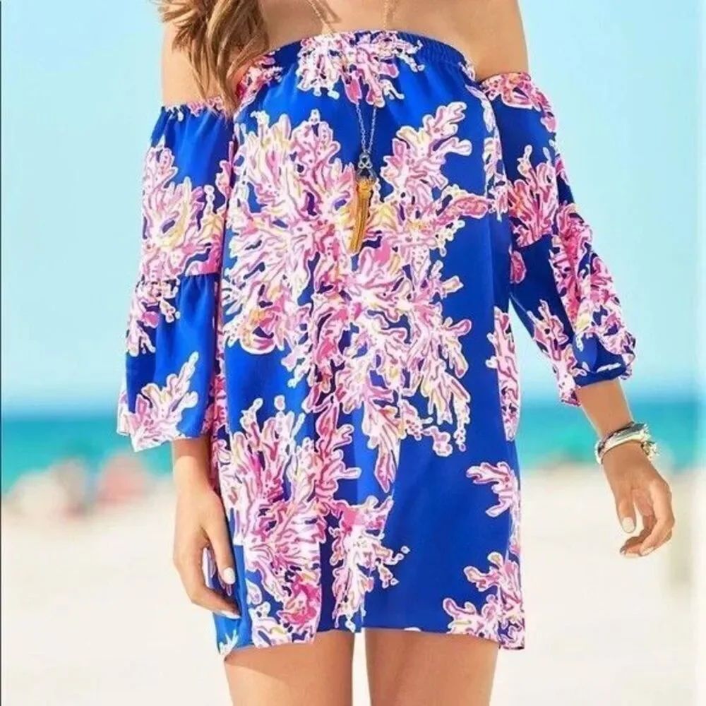Lilly Pulitzer Sanilla Silk Off The Shoulder Dress Women's Size XL Its Eelectric